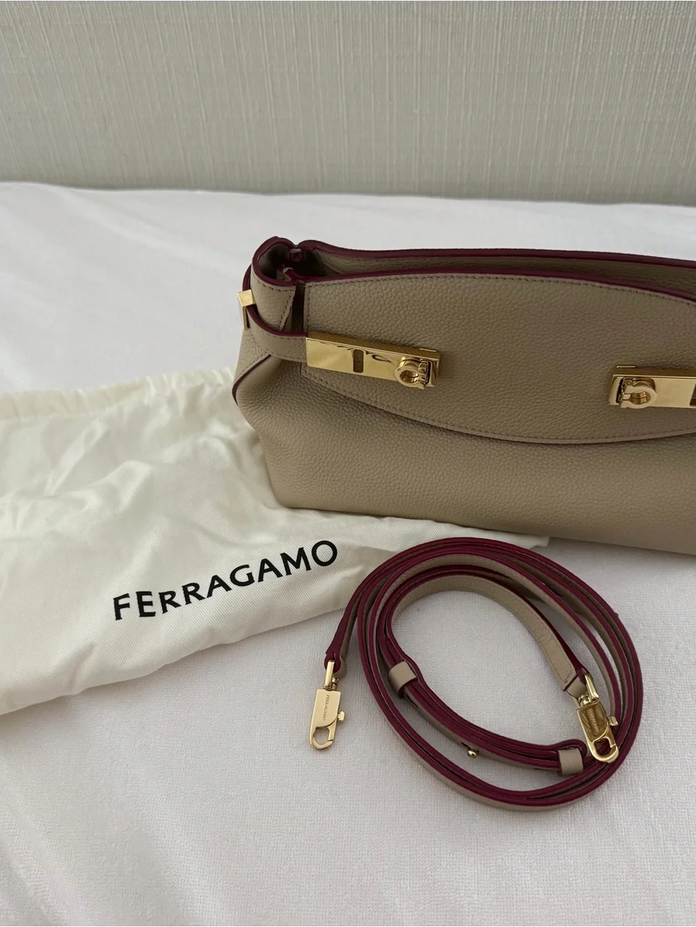 Ferragamo “XS Hug” Gold Hardware and Burgundy Trim